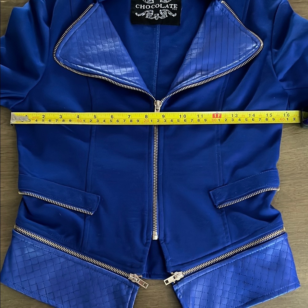 Cute Vintage Biker Retro Bold Blue Blazer with High Collar Slim Fit Faux Leather - Picture 16 of 16